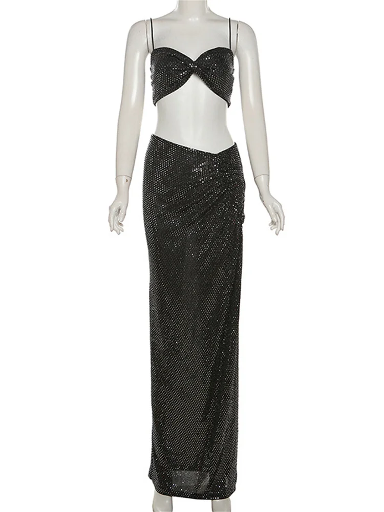 Tossy Black paillettes 2 pezzi-Set gonna lunga femminile Cropped Backless Top e Sexy Maxi gonna Set Glitter moda donna abiti