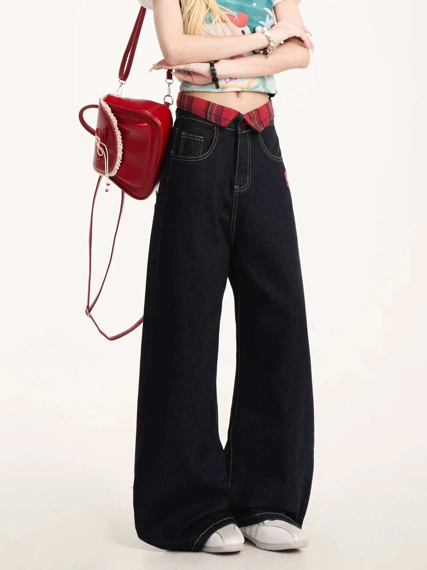 여성 Y2K 블랙 워싱 청바지 레트로 루즈 스트레이트 레그 와이드 레그 팬츠 다용도 바지