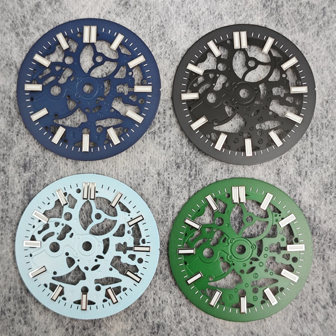29.8mm Hollowed Out Watch Dial and Watch Hands Log Scale Dial Green Luminous Watch Accessories for NH38 NH70 Movement
