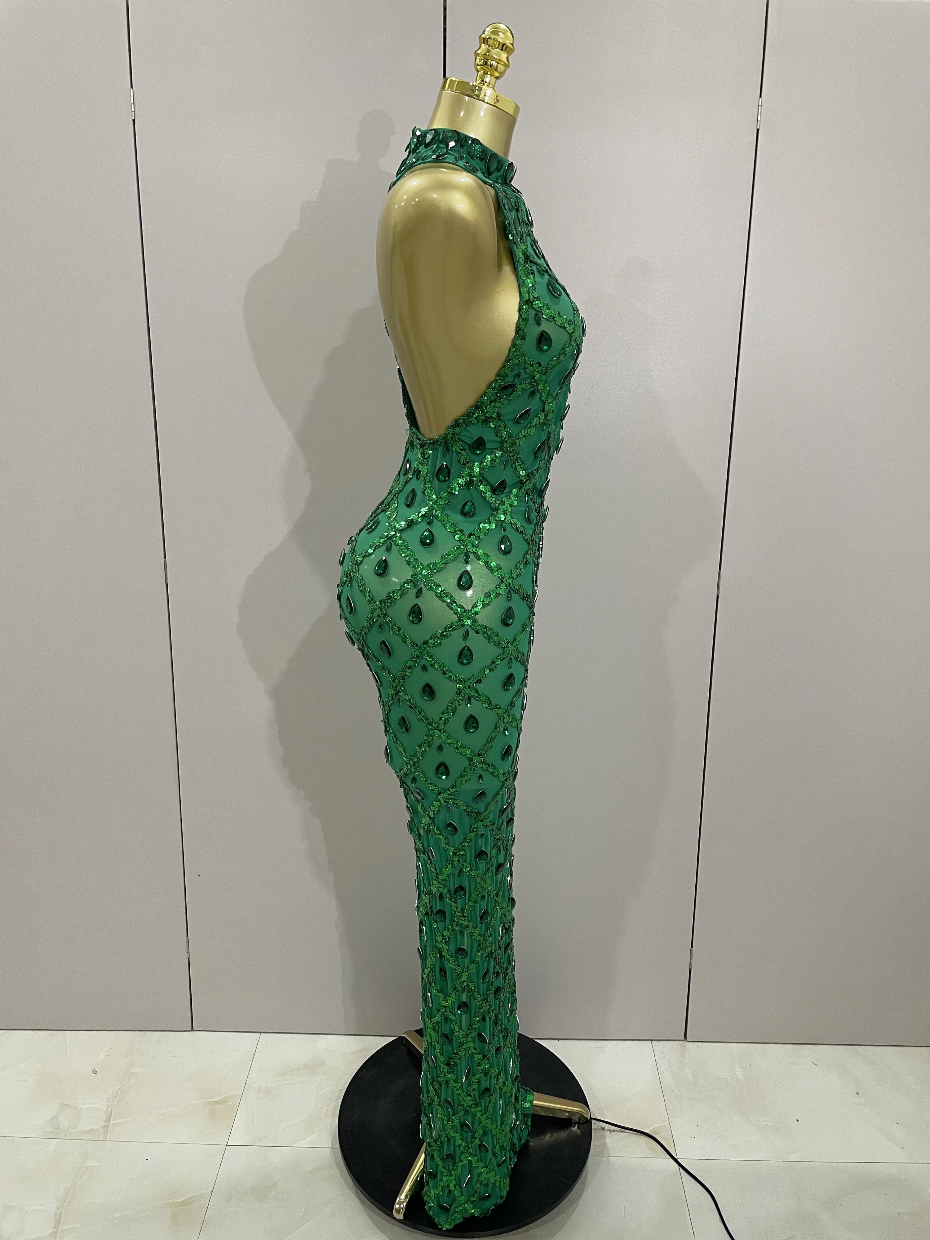 Robe longue en maille verte pour femmes, paillettes de diamant brillant, Sexy, pour célébration de soirée, bal d'anniversaire, Costume de scène en boîte de nuit, nouvelle collection 2025