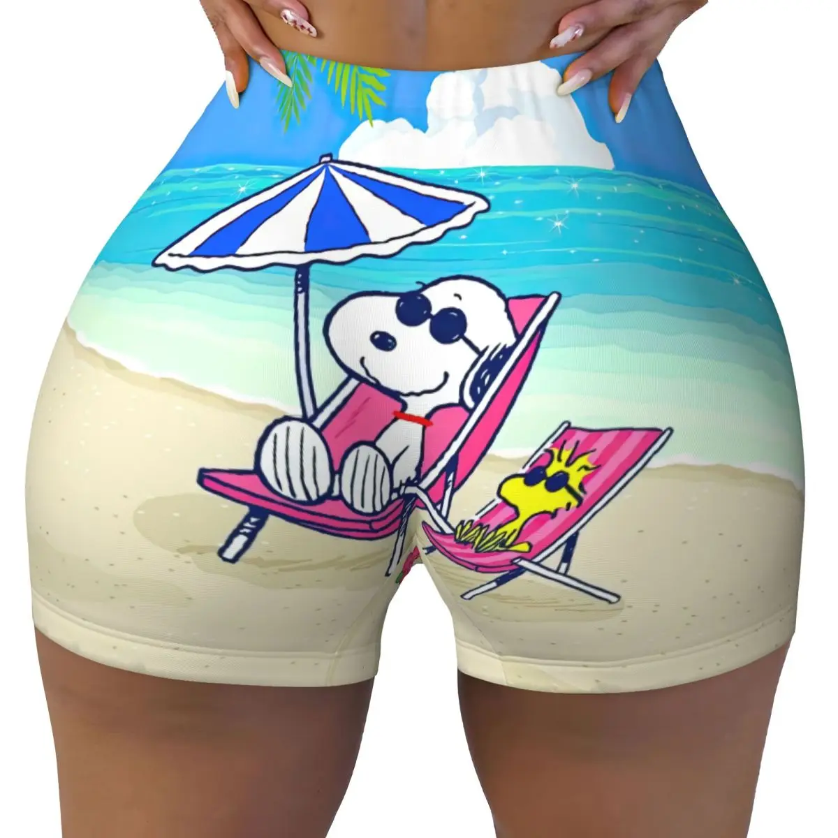 

Custom Cute Snoopys Dog On The Beach Cartoon Comic Running Volleyball Gym Shorts Women Beagle Athletic Workout Yoga Shorts