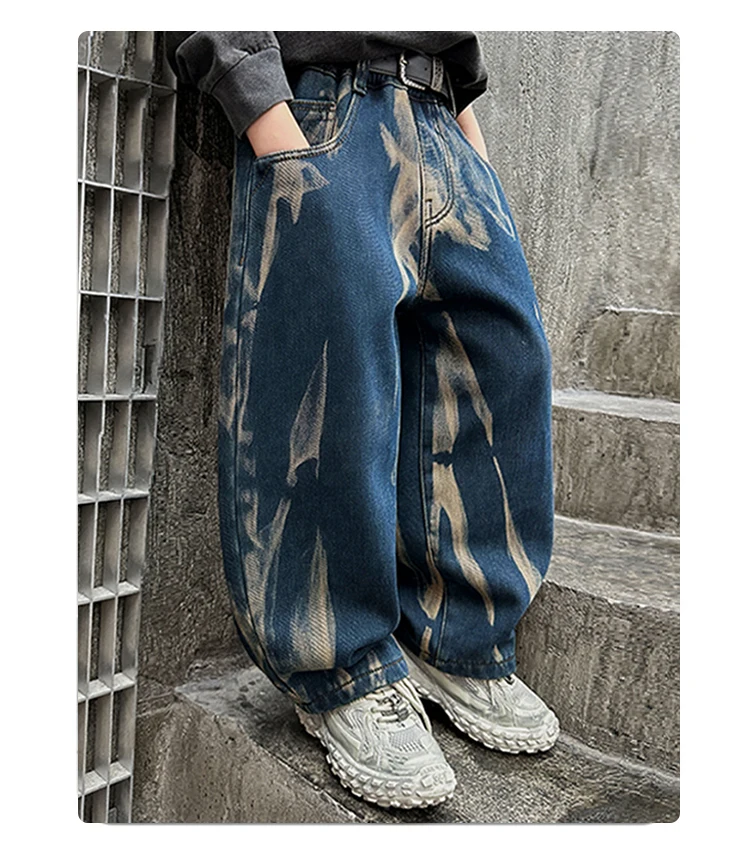 Kinder-Graffiti-Jeans für Jungen, Frühling und Herbst 2026, Neue Teenager-Jungenhosen, Lässige Weite Hosen mit Geradem Bein – Detail 2