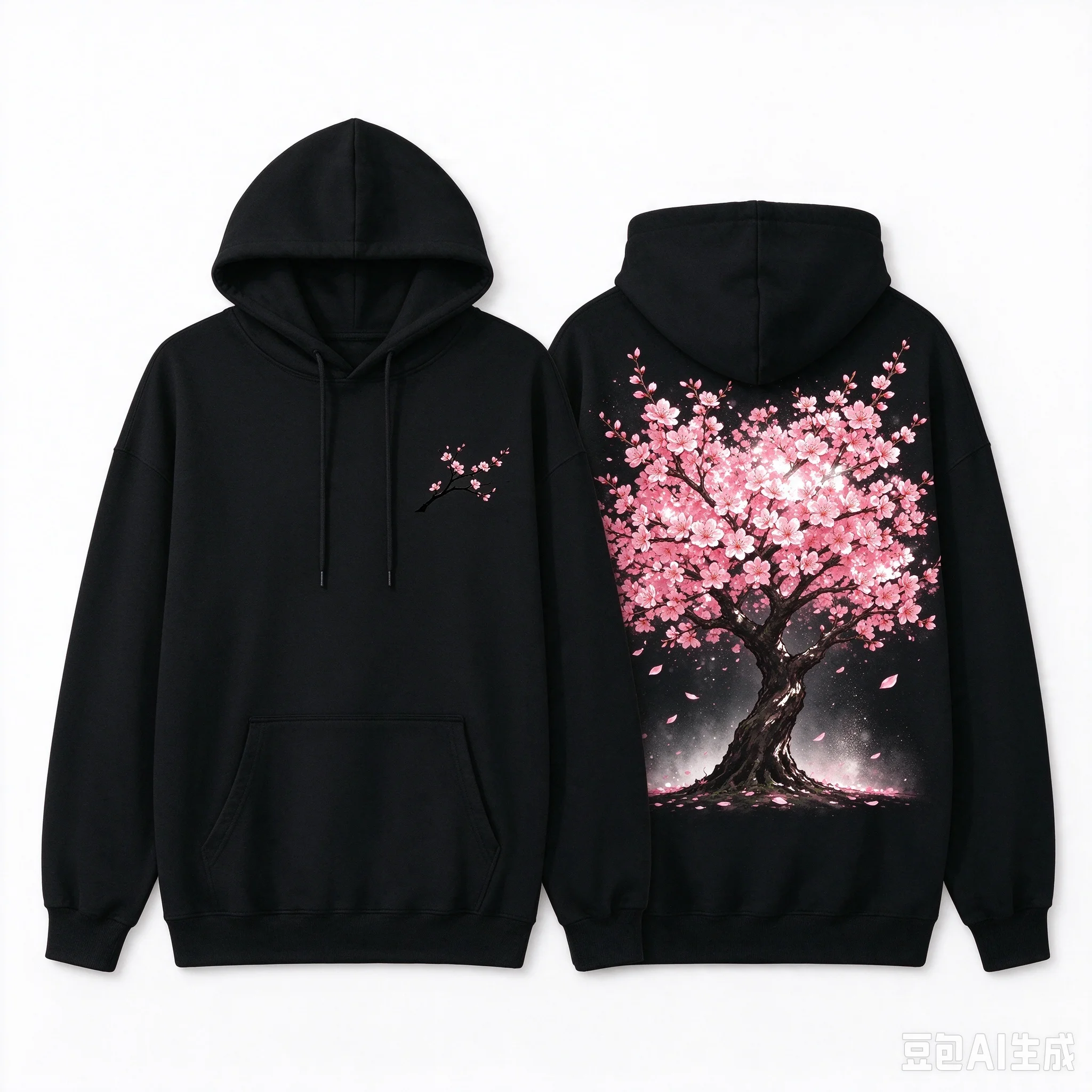 Men's Loose Drawstring Hoodie, Right Chest Small Peach Blossom Logo, Back Full Bloom Peach Tree Graphic Pullover, Streetwear Cas