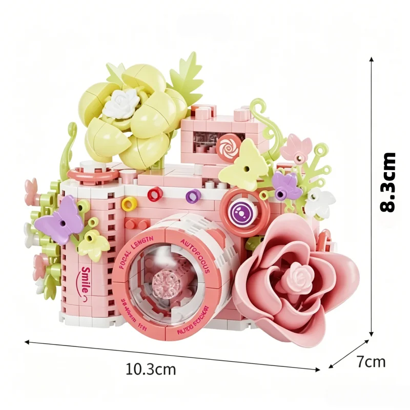 Neue Konservierte Pfingstrosen-Blume Retro-Kameramodell-Imitation Ornament Mini-Partikel-Bausteine Feiertagsgeschenk – Detail 7