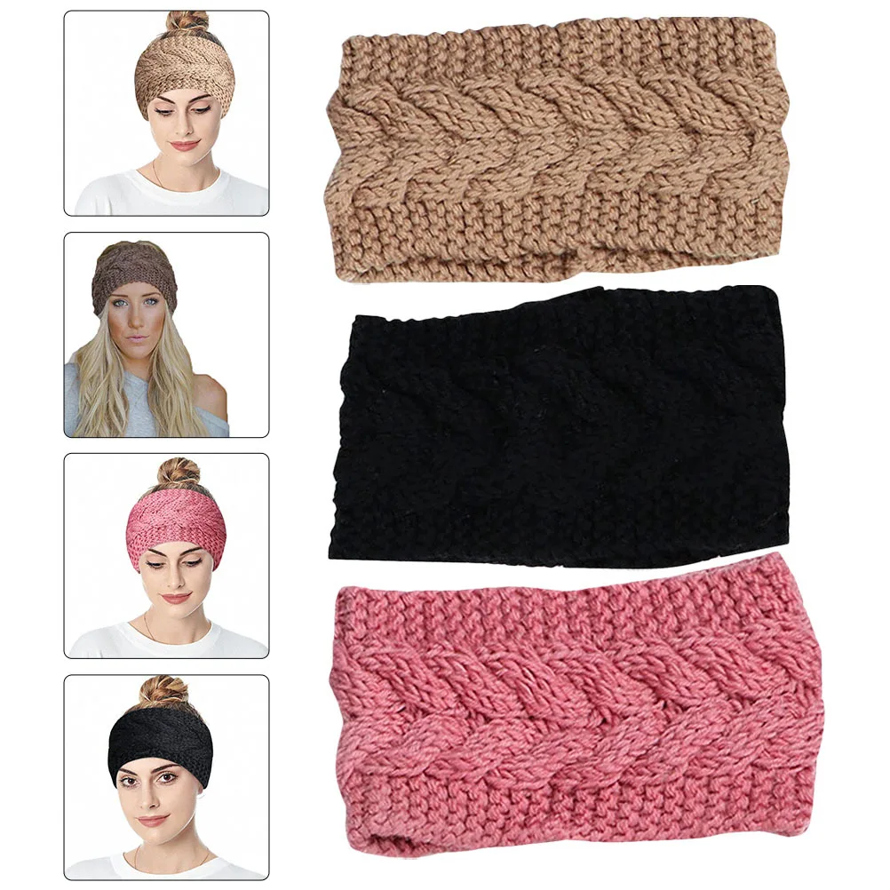 

3Pcs Women Knitting Hairband Wide-Edged Thermal Headwear Comfortable Hand-Knitted Hair Accessory for Daily Wear Facial Cleansing