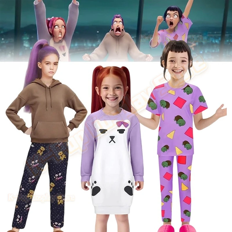 ‌ K-Pop De Mon Hunters Rumi ملابس خاصة مجموعة الكرتون الدب وقطار الحليب بيجامة من الحرير فضفاضة الساق السراويل هوديي تأثيري حلي هالوين