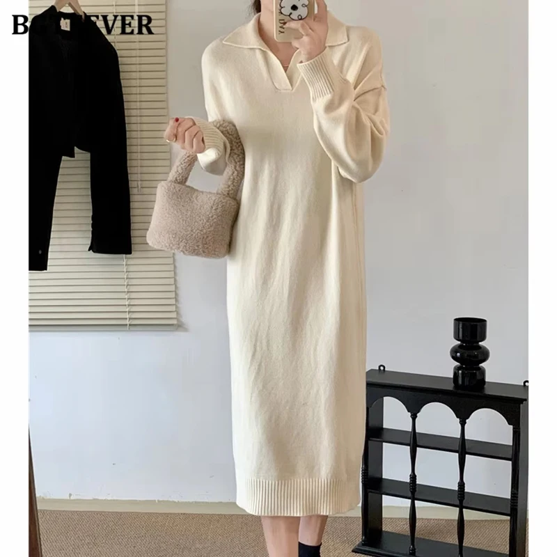 

BGTEEVER Thicken Warm Long Dress Women Elegant Lapel Loose Female Sweater Dress Ladies Knitting Vestidos Autumn Winter