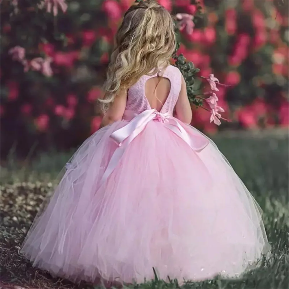 

Lovely Pink Flower Girl Dress Sleeveless Lace Applique Pageant Fluffy Tulle First Communion Party Dresses Gown Celebration