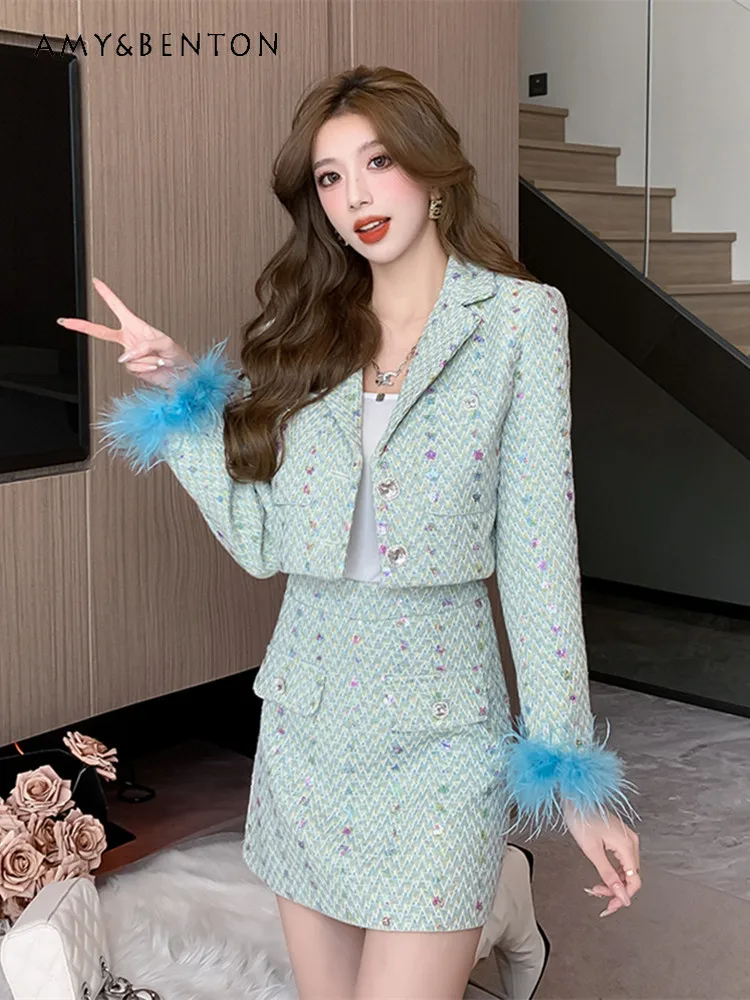 Spring Autumn New French Socialite High-Grade Single-Breasted Woolen Coat Mini Skirt Two-Piece Set Sweet Graceful Slim Outfits