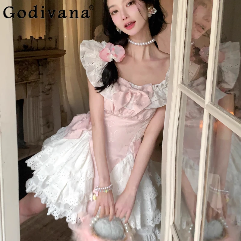 

Sweet Girl Flying Sleeve Lolita Dress Spring Summer Pure Slim Princess Party Dress Women's Birthday Party White Pink Dress