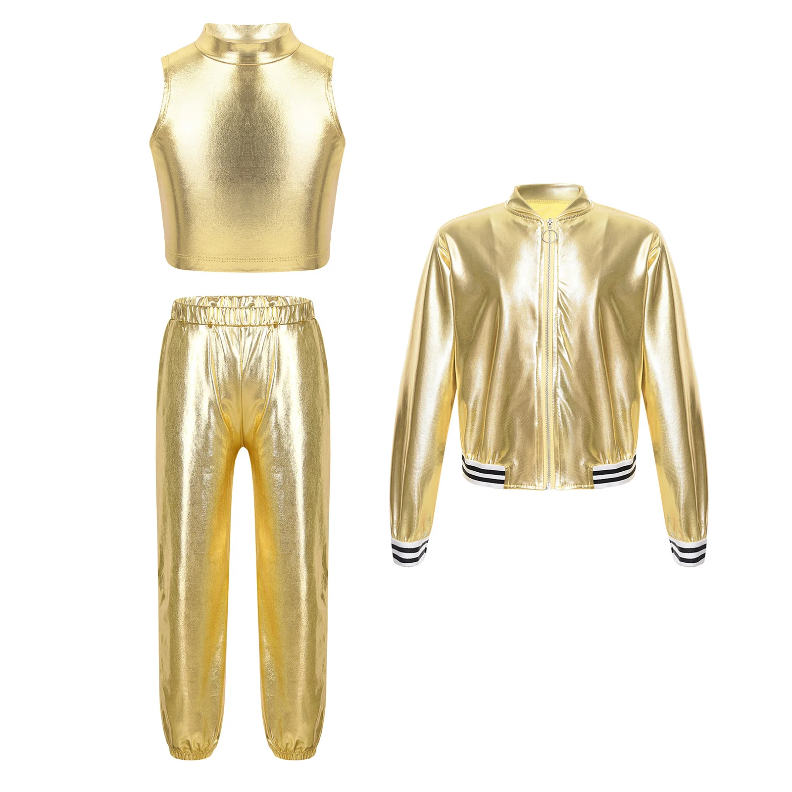 Kids Girls Hip Hop Jazz Dance Outfits 3Pcs Shiny Metallic Crop Top with Bomber Jacket and Pants Set Activewear Dance Performance