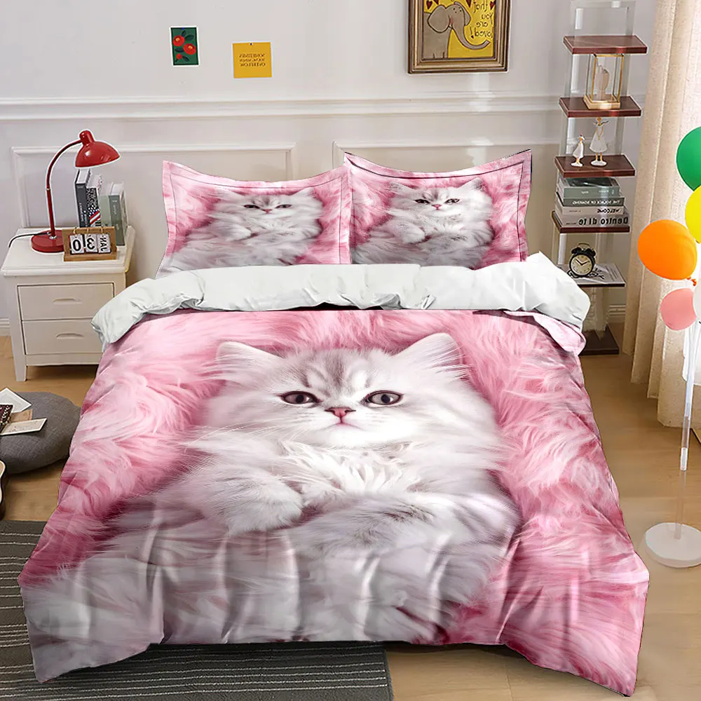 Fluffy white cat on pink fur Print Bedding Set 1 Duvet Cover 2 Pillowcases for Adult and Children Luxury Gift Full Size