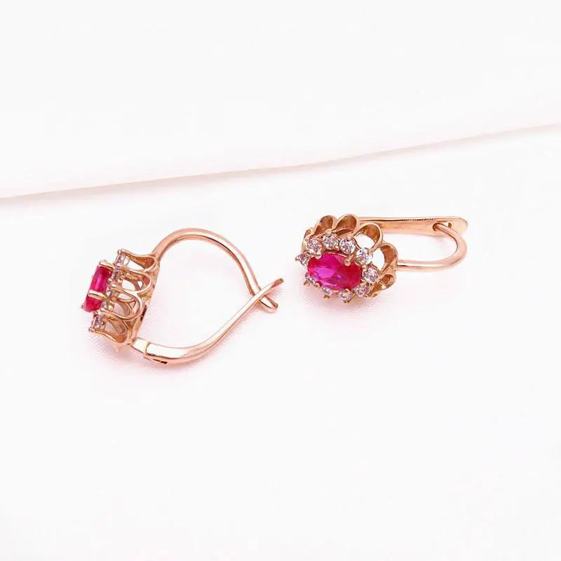 585 purple gold ruby flower earrings for women14K rose gold inlaid crystal elegant wedding high jewelry accessories gift