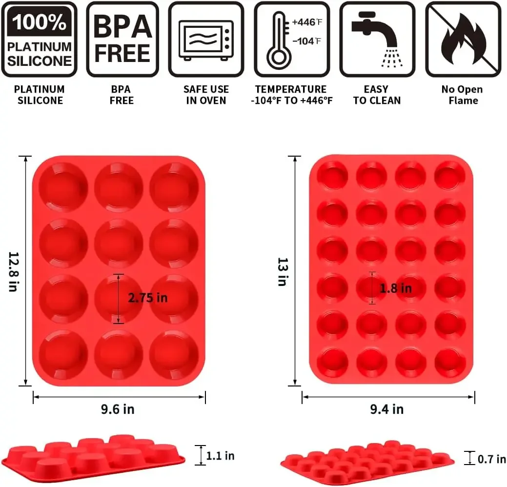 Silicone Muffin Pan Mini Regular 12 Cups and Mini 24 Cups Muffin Pan Baking Molds