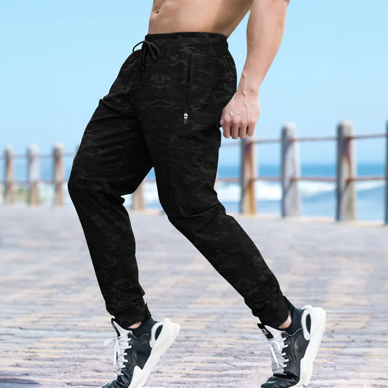 Stretch Men\'s Sweatpants Gym Fitness Quick Dry Running Pants Outdoor Training Jogging Casual Pants Men Zipper Pocket Sweatpants