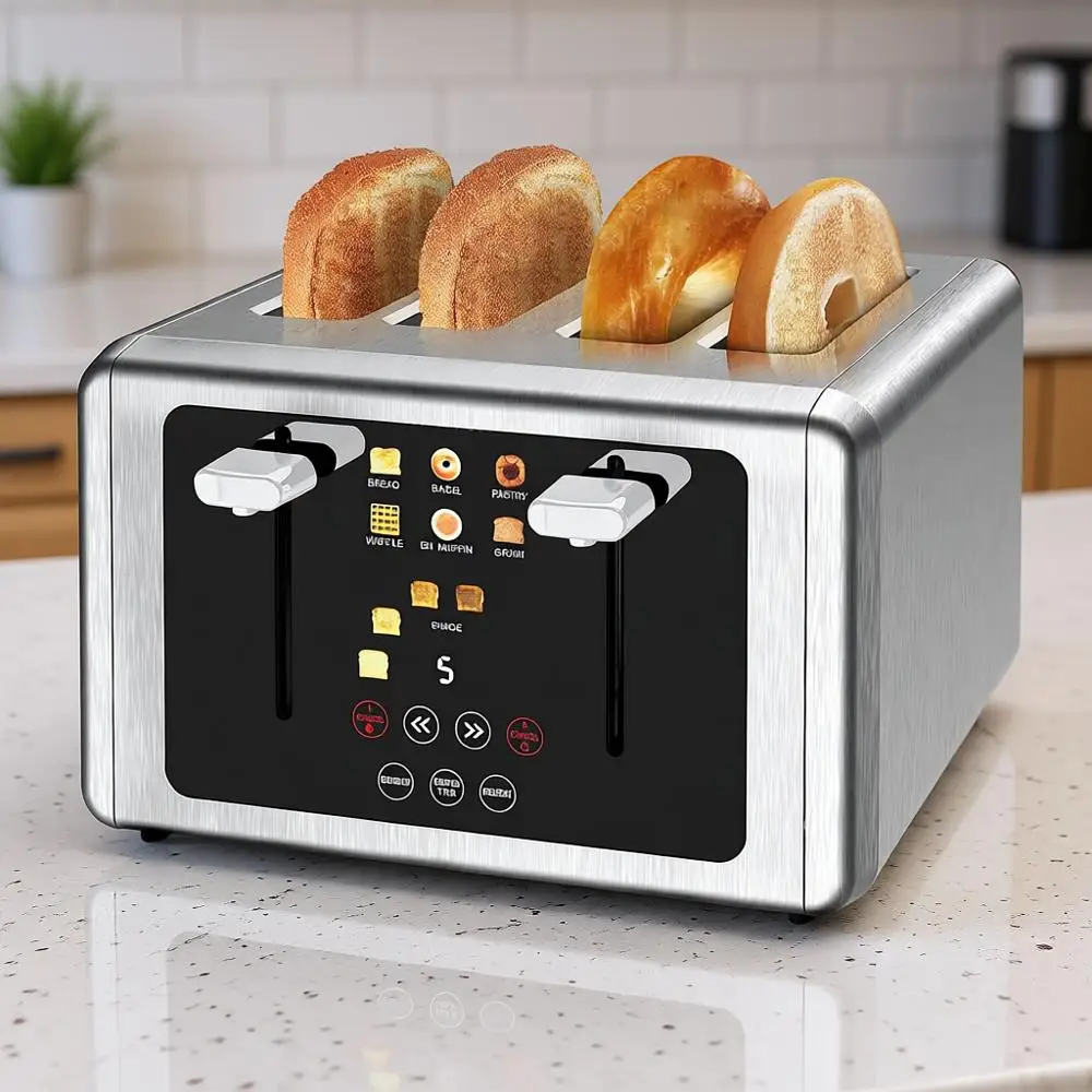 

Умный цифровой тостер с широкими слотами (1,5 дюйма), 6 настройками жарости и 6 видами хлеба, функцией памяти, таймером обратного отсчета, из матовой нержавеющей стали