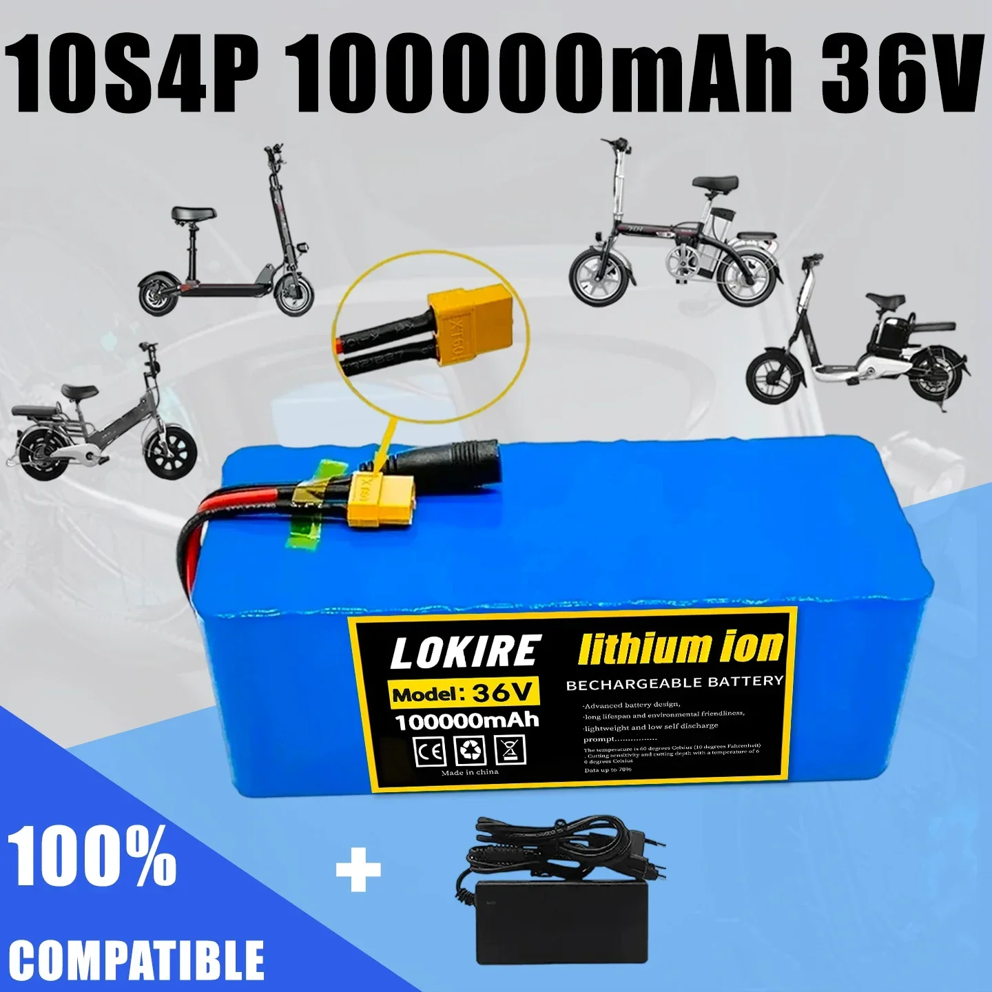 Batterie 36V 10000mAh, capacité réelle 10S4P XT60, batterie lithium-ion 18650, 13,6Ah, 500W, 1000W, pour chargeur 42V E-bk BMS 2A