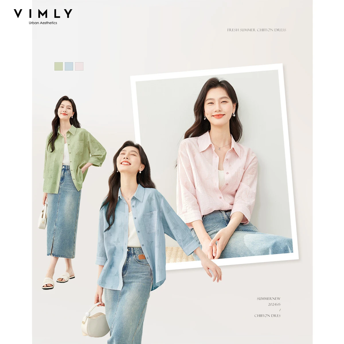 

VIMLY Butterfly Print Women Shirts 2026 Spring Three Quarter Sleeve Thin Lyocell Blend Button Up Casual Woman Clothes M6815