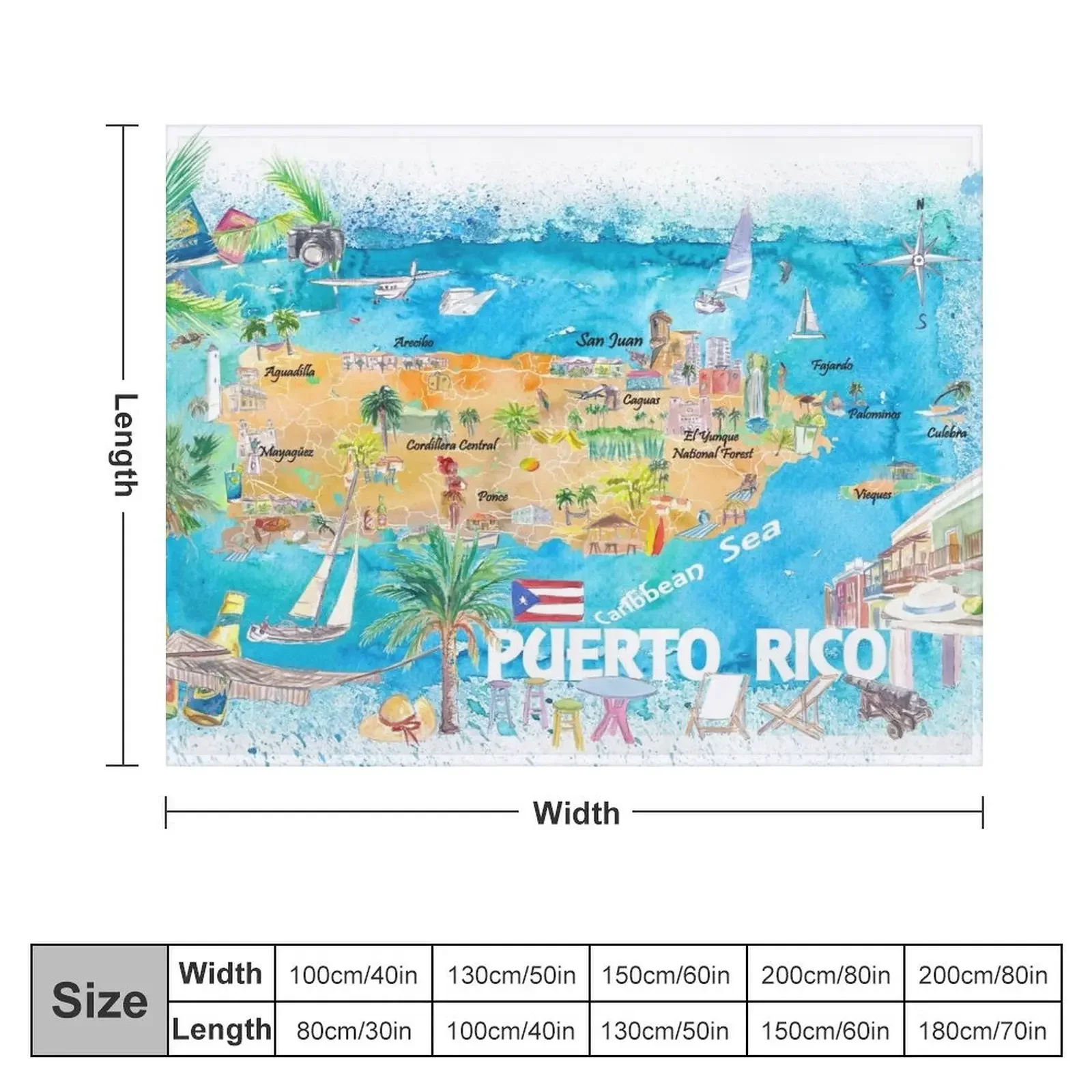 Puerto Rico Islands Illustrated Travel Map with Roads and Highlights Throw Blanket Shaggy Sofa Blankets