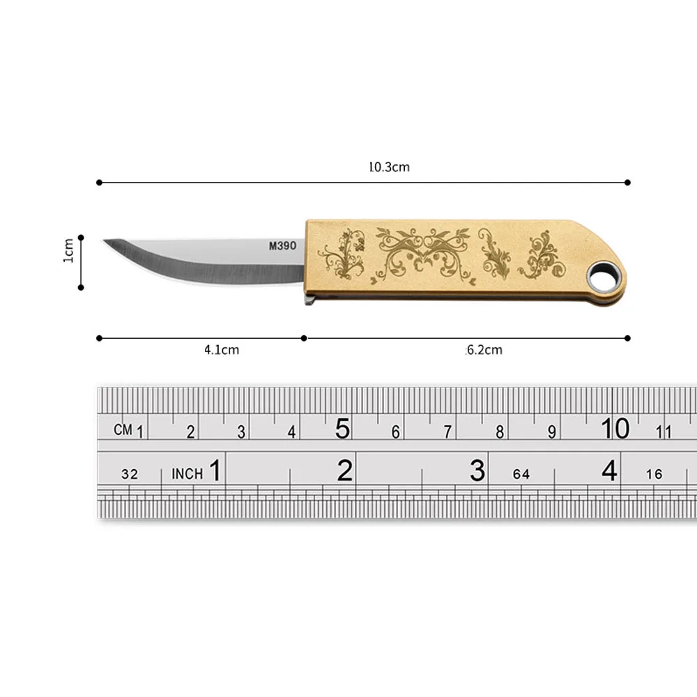 M390 Blade Folding Knife Self Defense Brass Handle Survival Camping Keychain Emergency Pocket Knife Portable Mini Jackknife