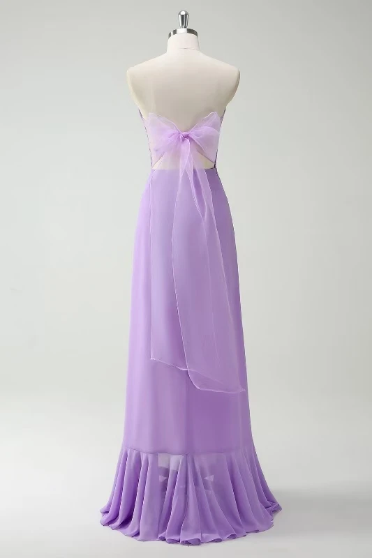 Abito elegante da donna con forcella alta senza maniche viola senza maniche con fiocco senza schienale personalizzato di alta qualità per la festa nuziale
