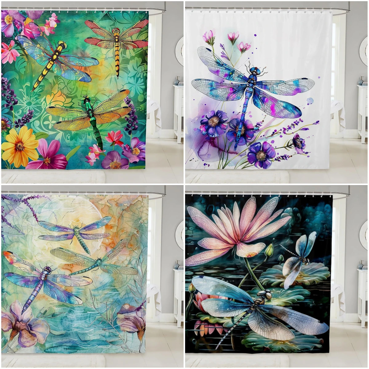 Dragonfly Summer Shower Curtain Butterfly Flower Lotus Dandelion Floral Nature Bathroom Decor Polyester Bath Curtain with Hook