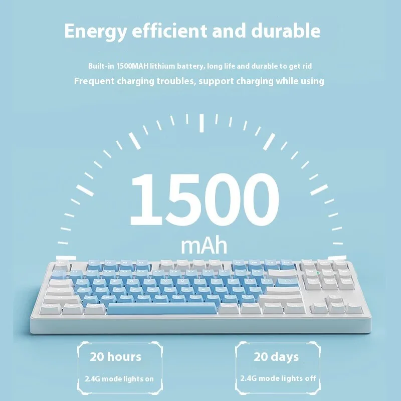 EWEADN MT87 Teclado mecánico inalámbrico ratón Combo interruptor azul tri-modo retroiluminación blanca 87 teclas azul blanco Keycap para oficina