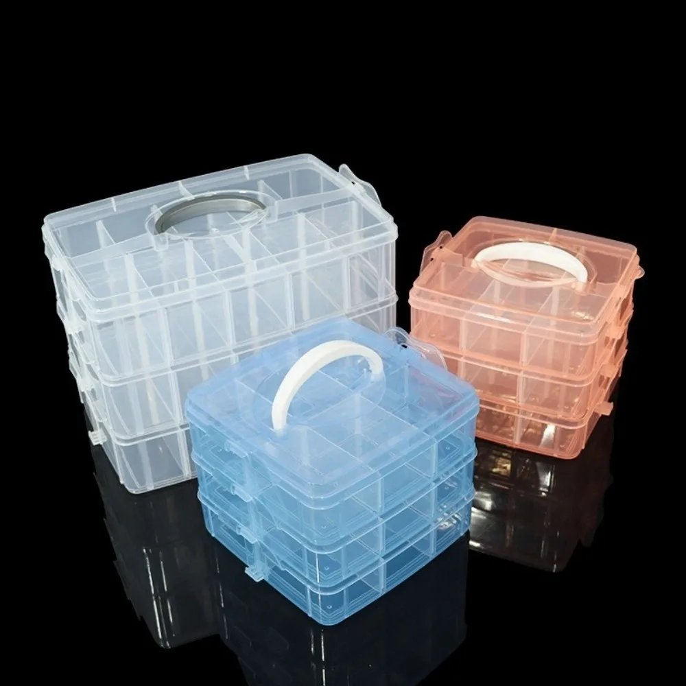 

3 Tiers Removable Storage Case Adjustable Compartments with Handle Plastic Makeup Organizer Dustproof Visible