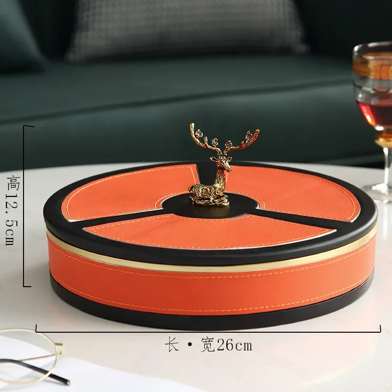 Resin Leather Round Dried Fruit Box with Cover Deer Decoration Snack Platter Candy Plate Storage Food Tray