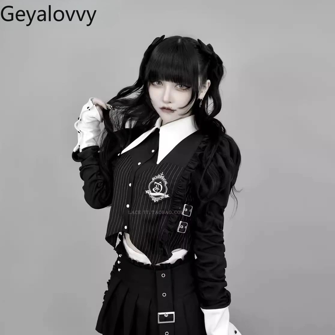 

Japanese College Style Pointed Corner Lapel Slim Striped Long-sleeved Short Shirt + High Waist Pleated Skirt Two Piece Set