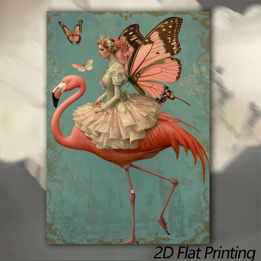 (No frame)2D Flat, 1pc Whimsical Fairy on Flamingo Canvas Painting - Modern Suitable for, Room Decor, & Romantic Fairy-Themed