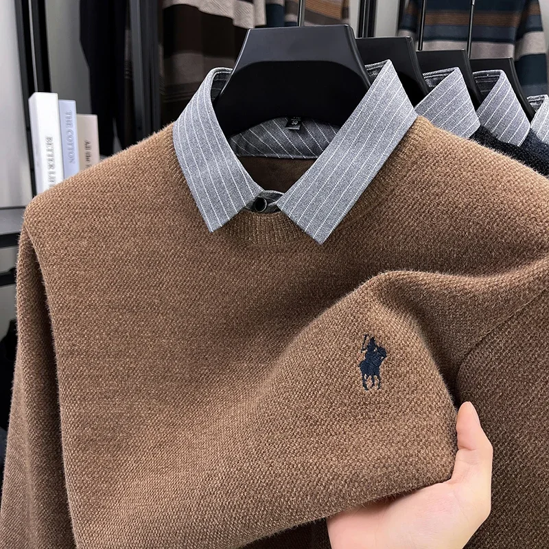 Fake Two Piece Shirt Collar Men's Sweater with Winter Velvet and Thick Insulation, High-end Embroidered Knitted Base Sweater