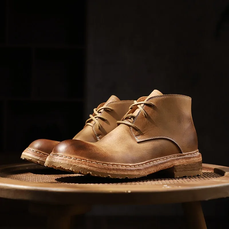 High End Washed High Top Lace Up Riding Boots Men's Handmade Shoes Thick Soled Wear-resistant Work Desert  Ankle Boots Male
