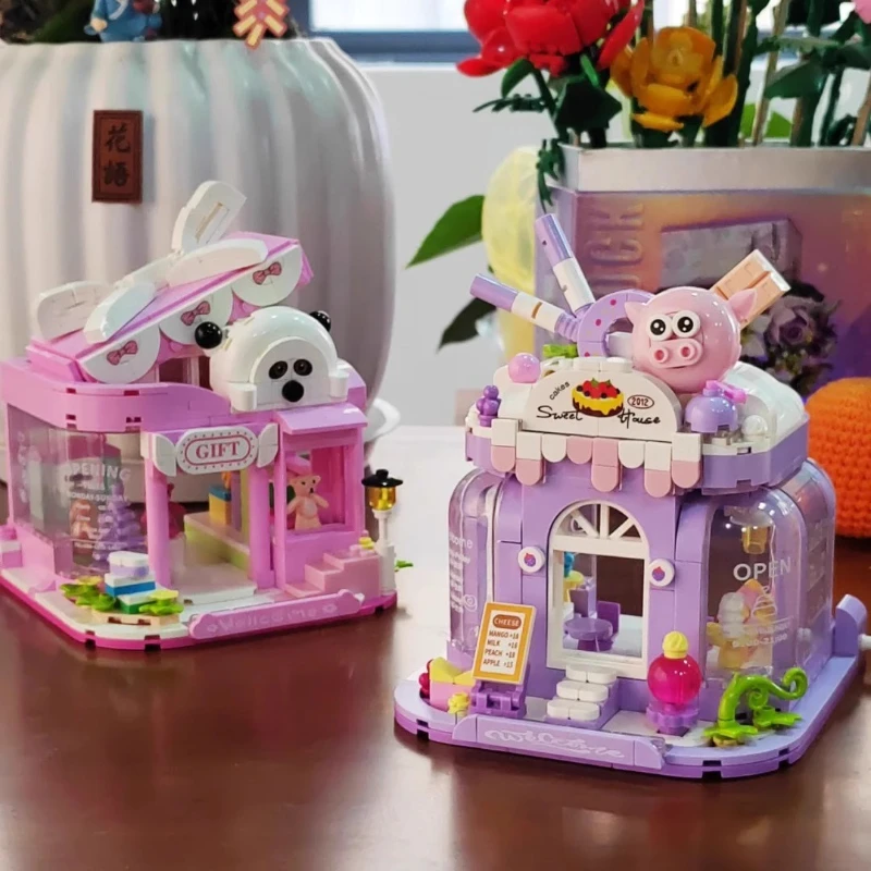 Sweet Shop اللبنات عرض الشارع لغز تجميع الجسيمات الصغيرة نموذج الحلي مجموعة ألعاب الأطفال الهدايا