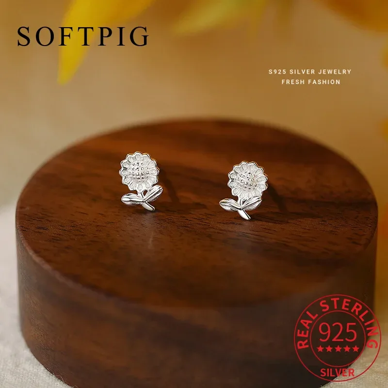 

SOFTPIG Real 925 Sterling Silver Sunflower Mini Stud Earrings for Women Trendy Fine Jewelry Elegant Plant Accessories