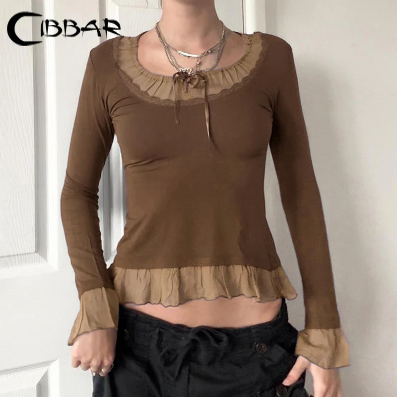 CIBBAR Brown Ruffles Stitching Cropped Top y2k Vintage Full Sleeve Bandage O-neck Slim-fitting T-shirts Autumn Basic Casual Tee