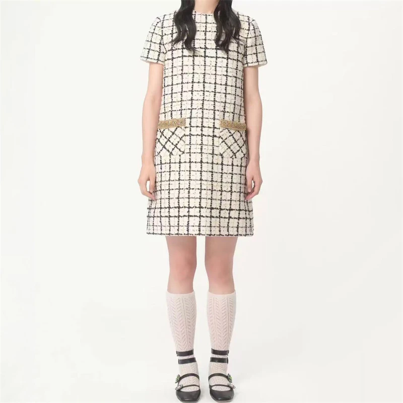 

Spring new women's round neck black and white check pocket studded short sleeve dress y2k high quality fashion knit mini dress