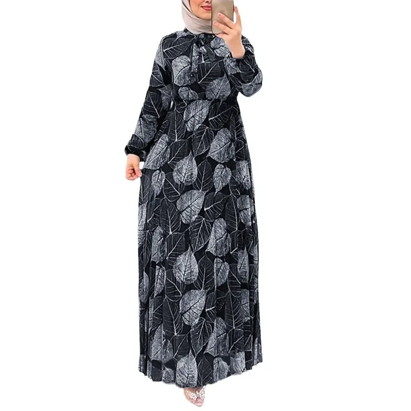 Muslim Turkey Kaftan Loose Robe Femme Caftan Islam Clothing Pleated Dress with Leaf Pattern Dress for Women Casual Dubai Abayas