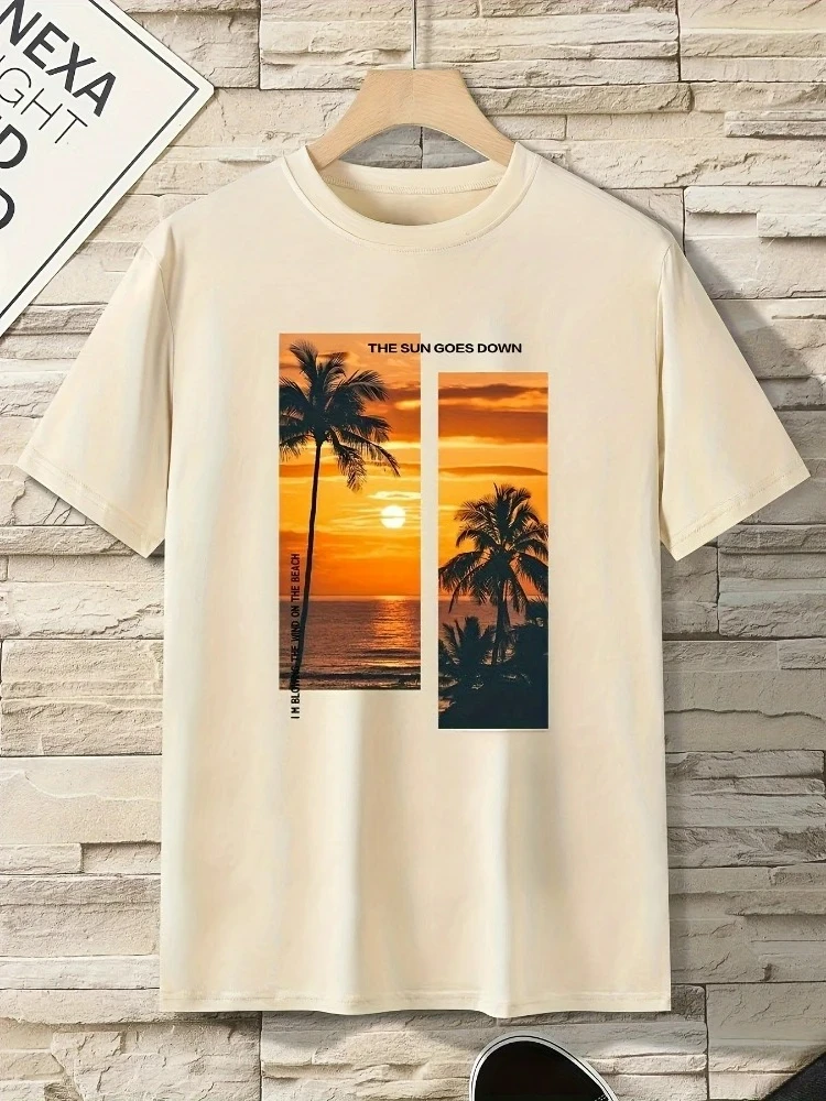 Coconut Tree  pattern design -100% cotton summer O-neck short sleeve casual printed men's T-shirt.
