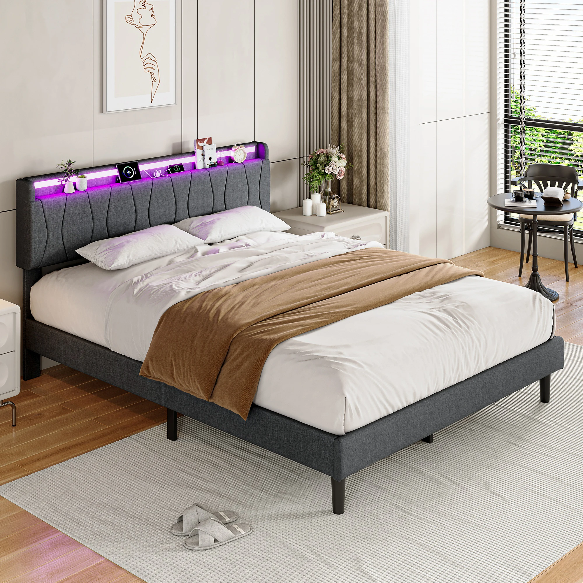 Rosahqnda Polsterbett 160/140/90x200 cm mit LED-Kopfteil und Lattenrost, Einzel- und Doppelbett, Leinen, Beige/Grau, ohne Matratze