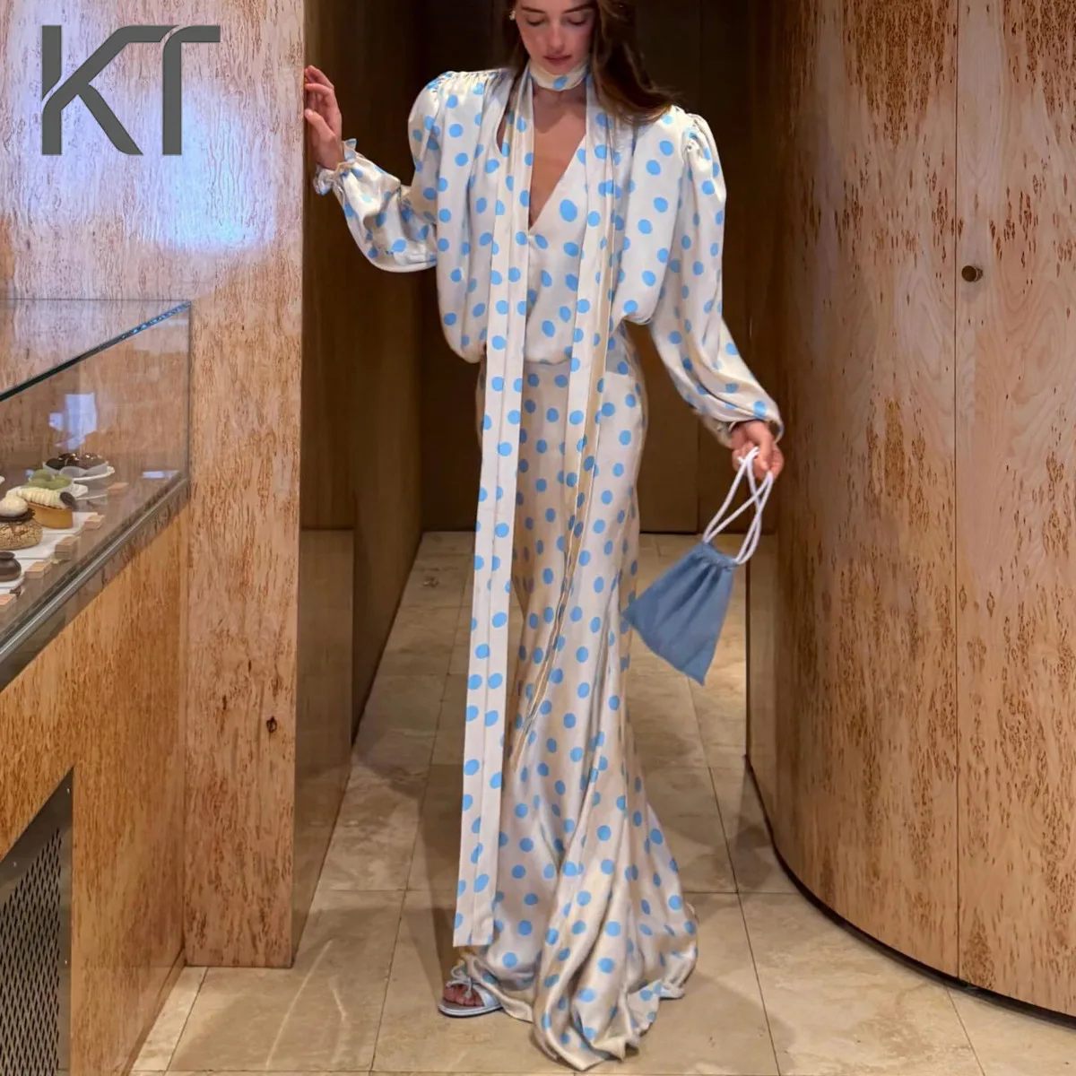 

KT Elegant Luxury Satin Polka Dot Two Piece Set for Women Stand Collar Scarf Puff Sleeve Maxi Dress Party & Evening Suits