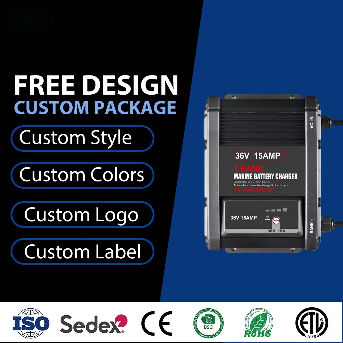 IP67 مقاوم للماء 1 بنك 36 فولت 15A الذكية البحرية قارب صيد شاحن بطارية صيانة لبطارية ليثيوم 36 فولت (LiFePO4) #4