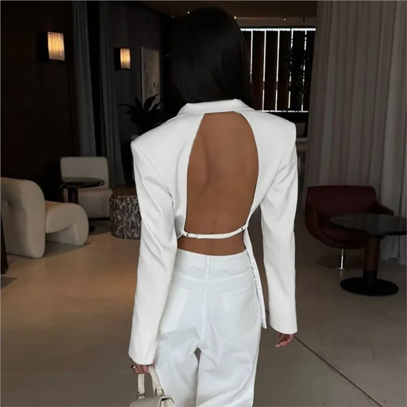 Elegante blazer cappotto donna ufficio signora moda sexy tasche senza schienale giacca da abito 2025 nuova primavera chic bianco casual tuta sportiva sottile