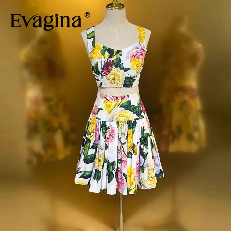

Evagina Fashion Design New Women's Pure Cotton Rose Printed Diamond Single Breasted Strap Tops Ruffle Half Skirt Holiday Set