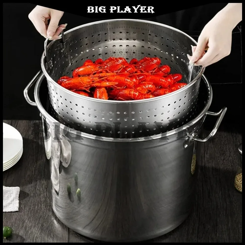 

Stainless steel hole bucket with strainer basket seafood lobster wash barrel water leakage frying drain filter chef big barrel