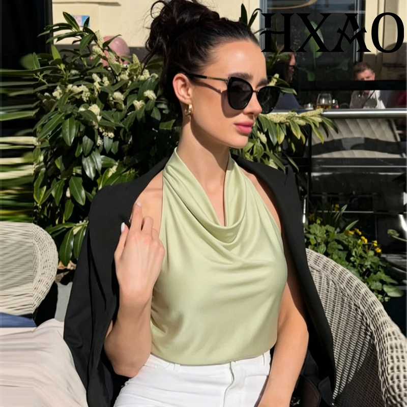 HXAO Braun Neckholder Top Frauen Sommer Crop Tops Für Frau Ärmelloses Satin Schwarz Top Leibchen Backless Weiß Top Party Sexy Tops – Detail 18