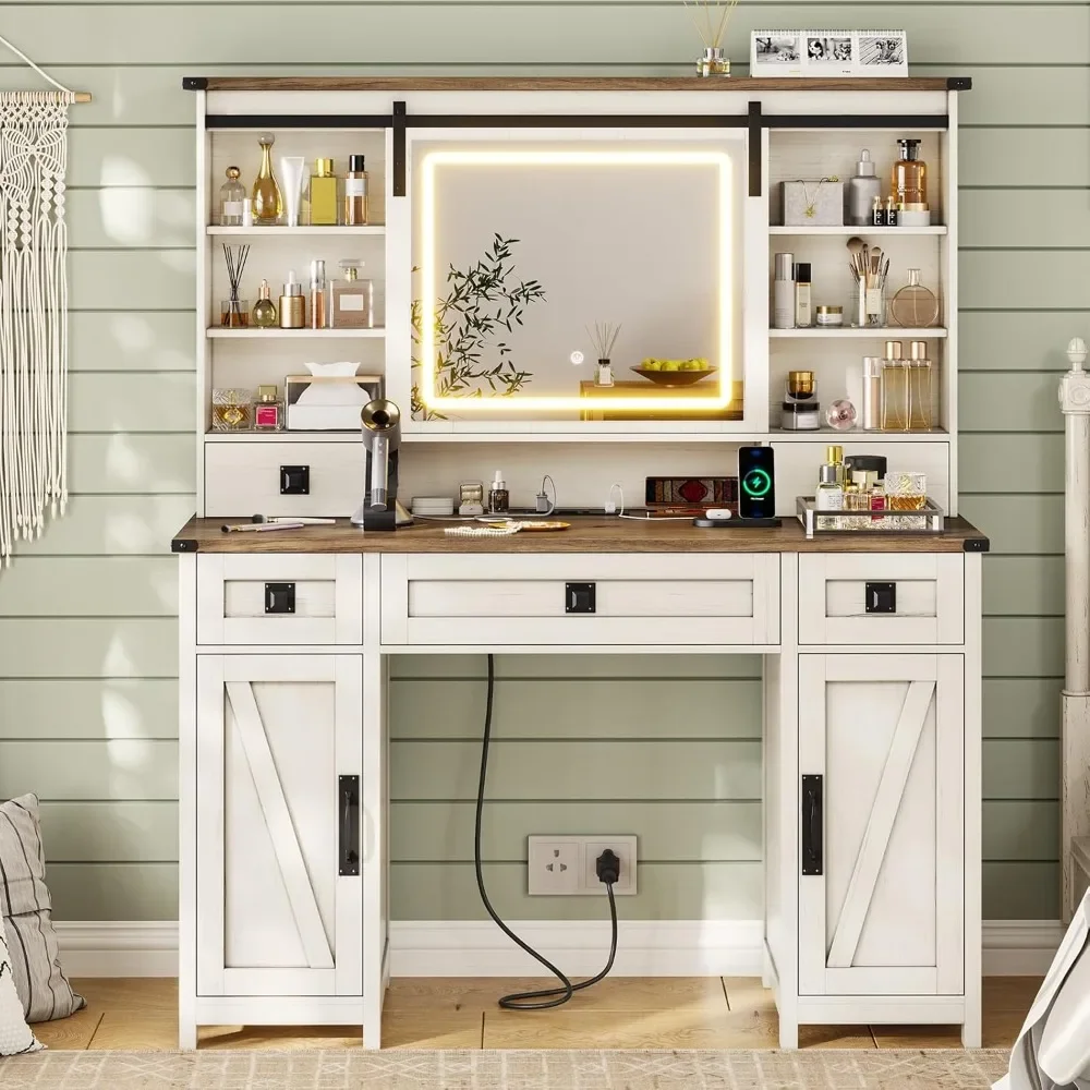 Farmhouse Vanity Desk with Sliding Mirror and Lights, 47