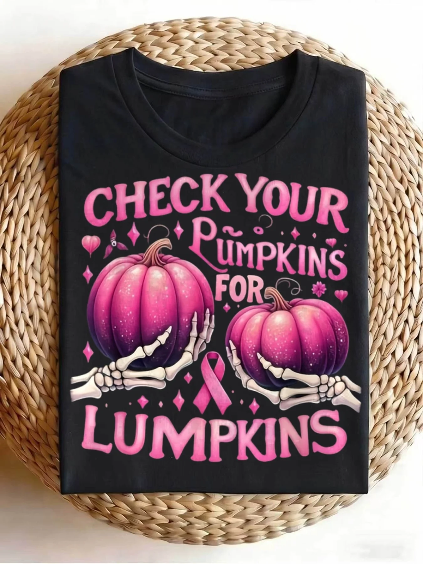 Check Your Lump, Breast Cancer Prevention and Control Promotional Material Pink Ribbon Pumpkin T-shirt, Classic Men's and Women's Crew Neck Cotton T-shirt, Neutral; Pure - Soft and Breathable, Very Suitable for Casual Daily Wear