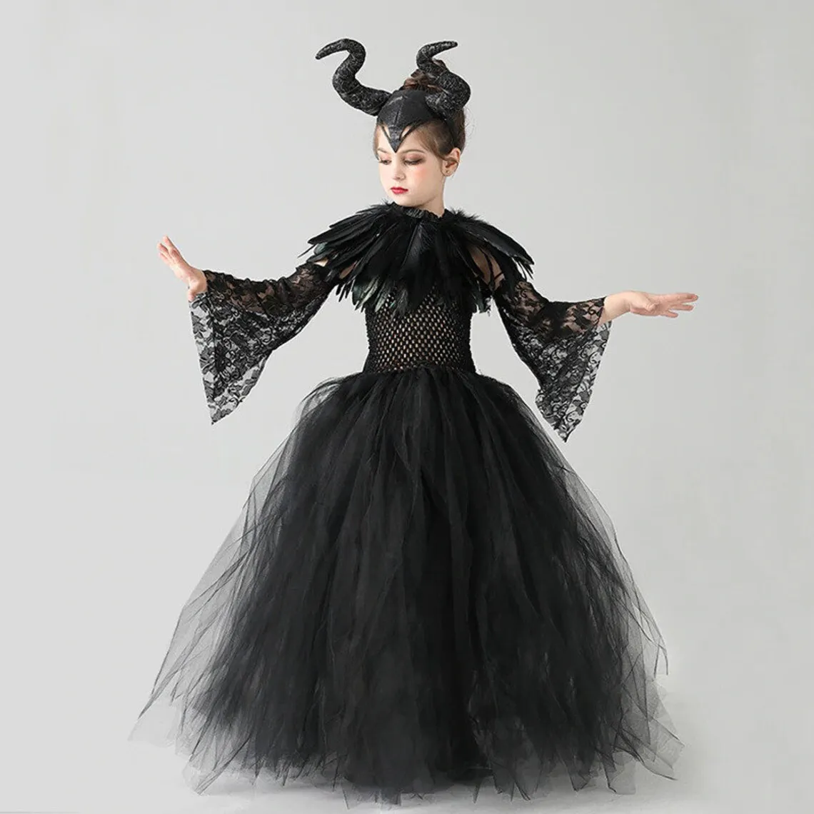 2-10Y Maleficent Mesh Frock Off Shoulder Gothic Black Tutu Dress Evil Queen Villain Cosplay Clothing Halloween Toddler Apparel