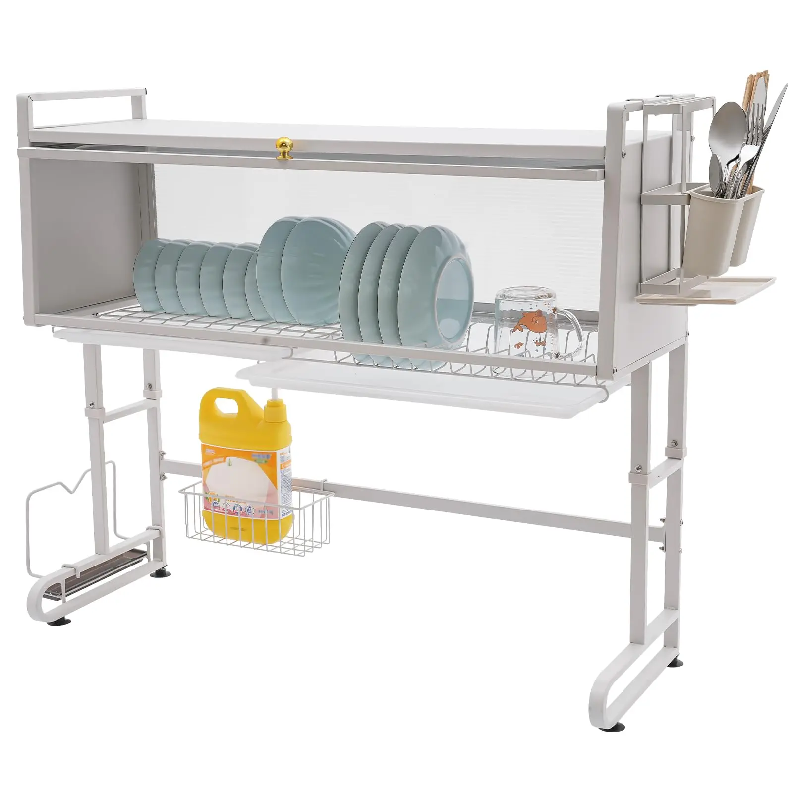 Estante para secar platos sobre el fregadero, estante para platos de altura ajustable con puerta abatible, estante para secar platos sobre el mostrador para fregadero de cocina, blanco